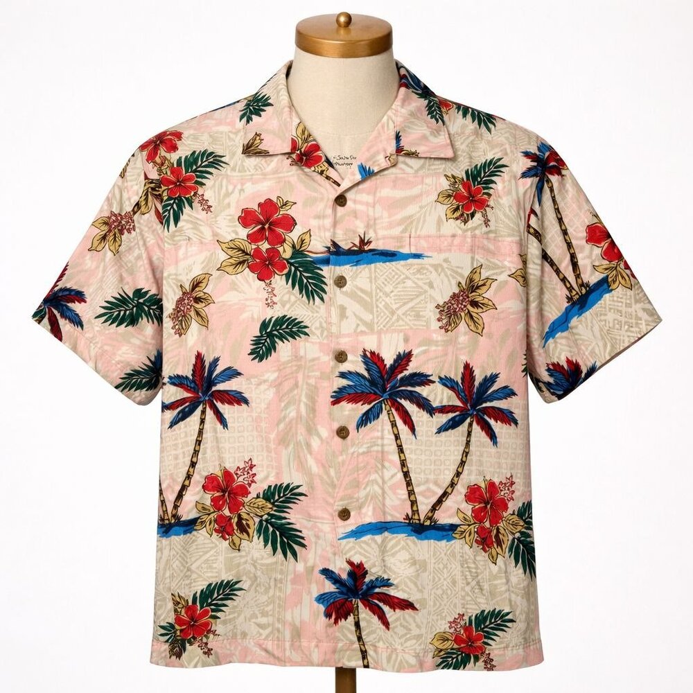 Roundtree Yorke Caribbean Hawaiian Shirt Mens Large Tropical Palm Tree Cruise